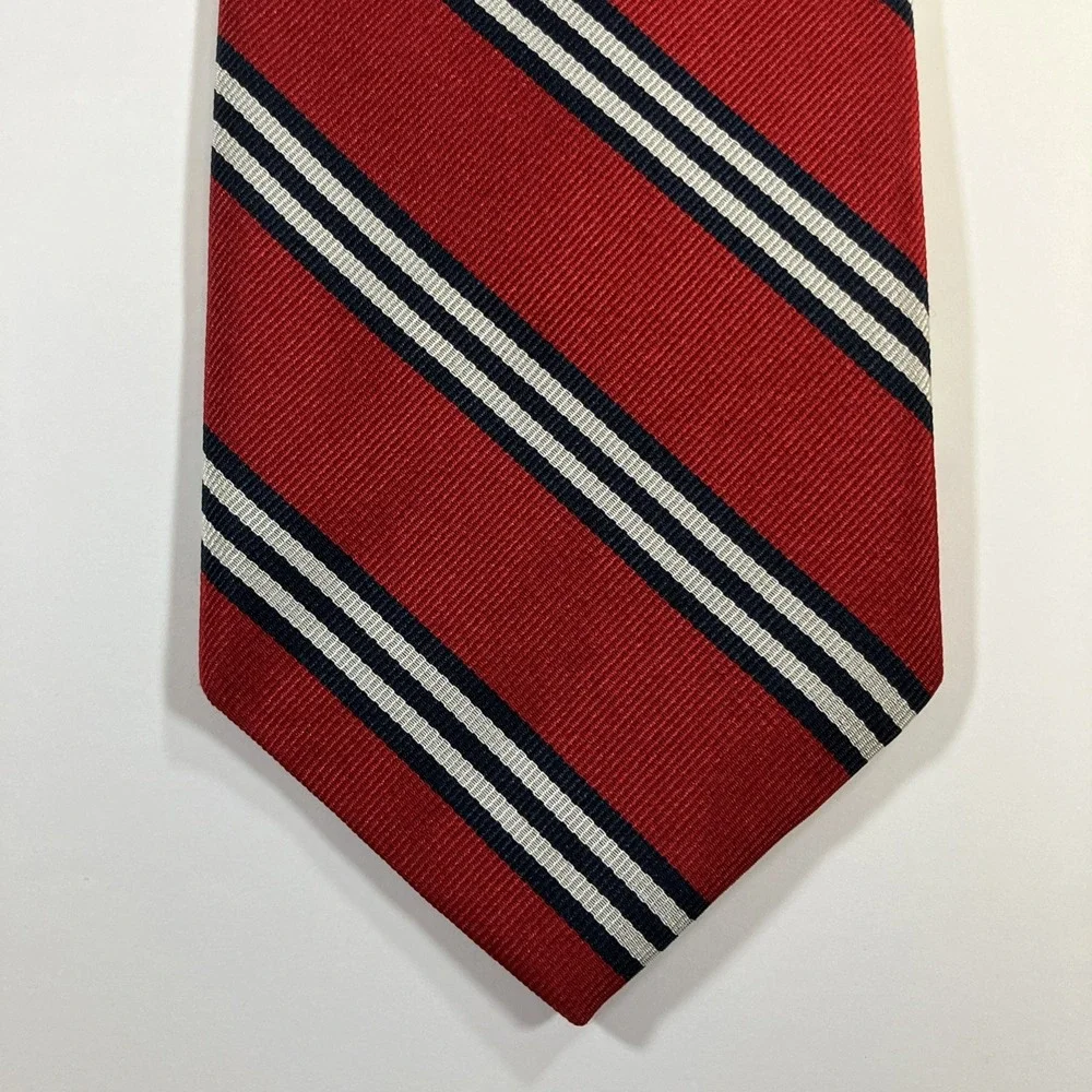 Jos A‎ Bank Red Repp Stripe Silk Tie Handsewn in USA Mens Necktie